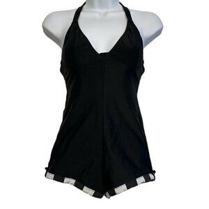 J. Valentine Black & White Halter Swimsuit Boy Shorts Size Small EUC #5592